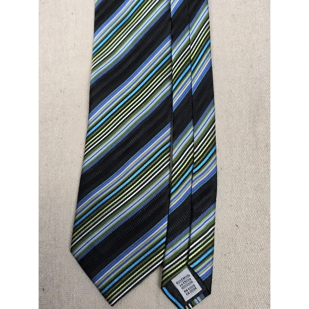 Geoffrey Beene Mens Silk Necktie Blue Green Black Diagonal‎ Striped Hand Made